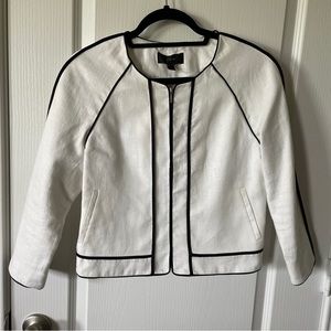 J Crew white with navy blue piping zip up blazer size 4